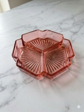 Pink Depression Glass 3-Section Divided Relish & Candy Dish — Starburst Pattern
